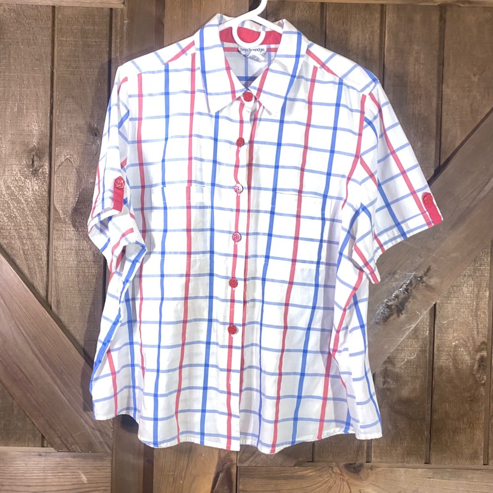 Breckinridge Woman Plaid Button Down Shirt Women 2X White Red Blue Star Buttons